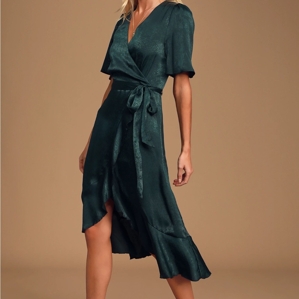 Wrapped Up In Love Dark Green Satin Faux-Wrap Midi Dress
